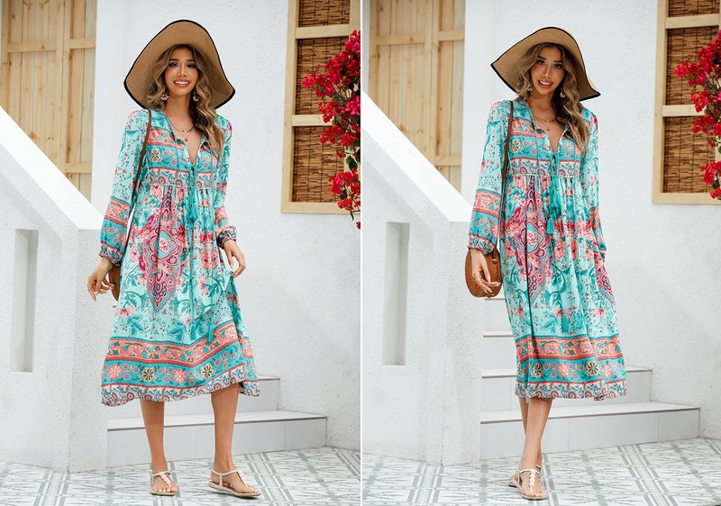 R.Vivimos Women's Long Sleeve Floral Print Retro V Neck Tassel Bohemian Midi Dresses (Small, LightCyan) - Image 5
